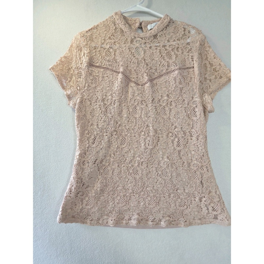 Fourteenth Place Women's XL Blush Pink Lace Blouse Mock Neck Short Sleeve Top
